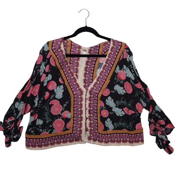 Free People Shirt Women's Small Boho Citrus Tie Sleeve Top Pink Black - Picture 2 of 11